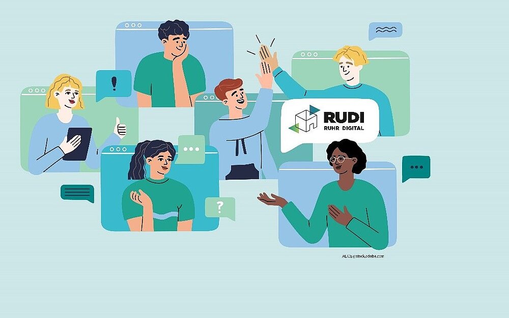 Abbildung: Pictogramme mit Menschen, die über den Bildschirm kommunizieren